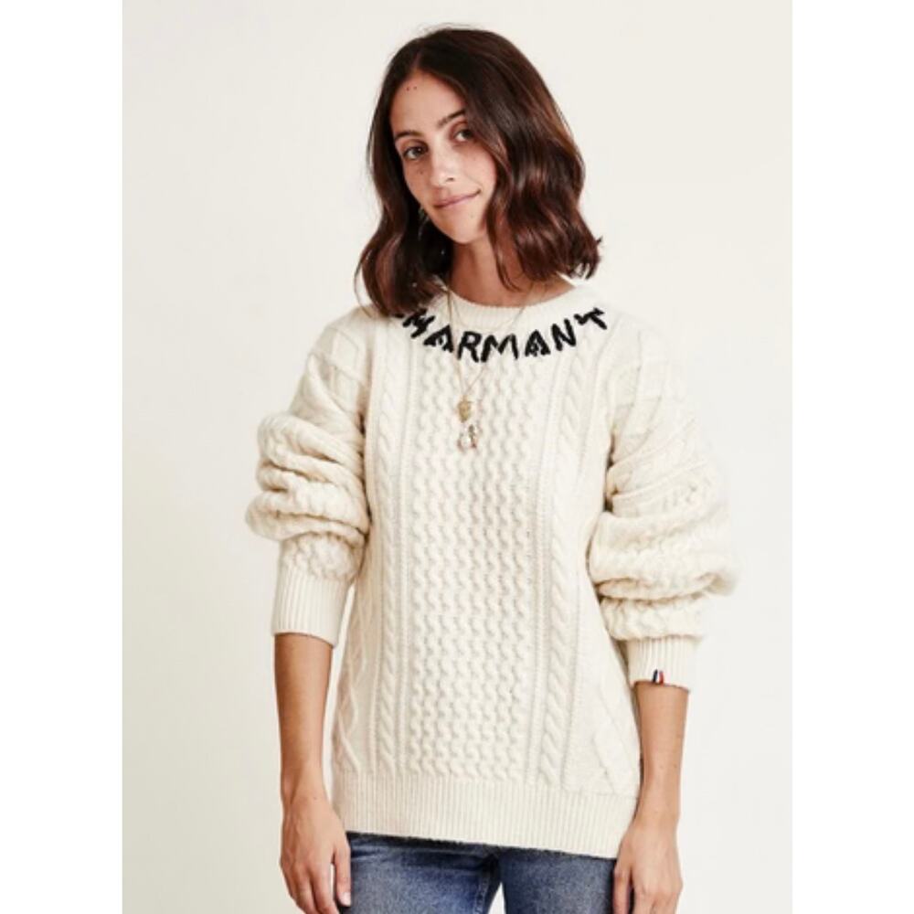 Clare V x Monoprix Charmant Wool Cable Knit Sweater Pullover Cream Medium